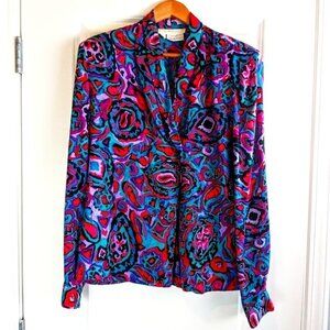 Vintage Flora Kung Blue Purple Magenta Jacquard Silk Blouse